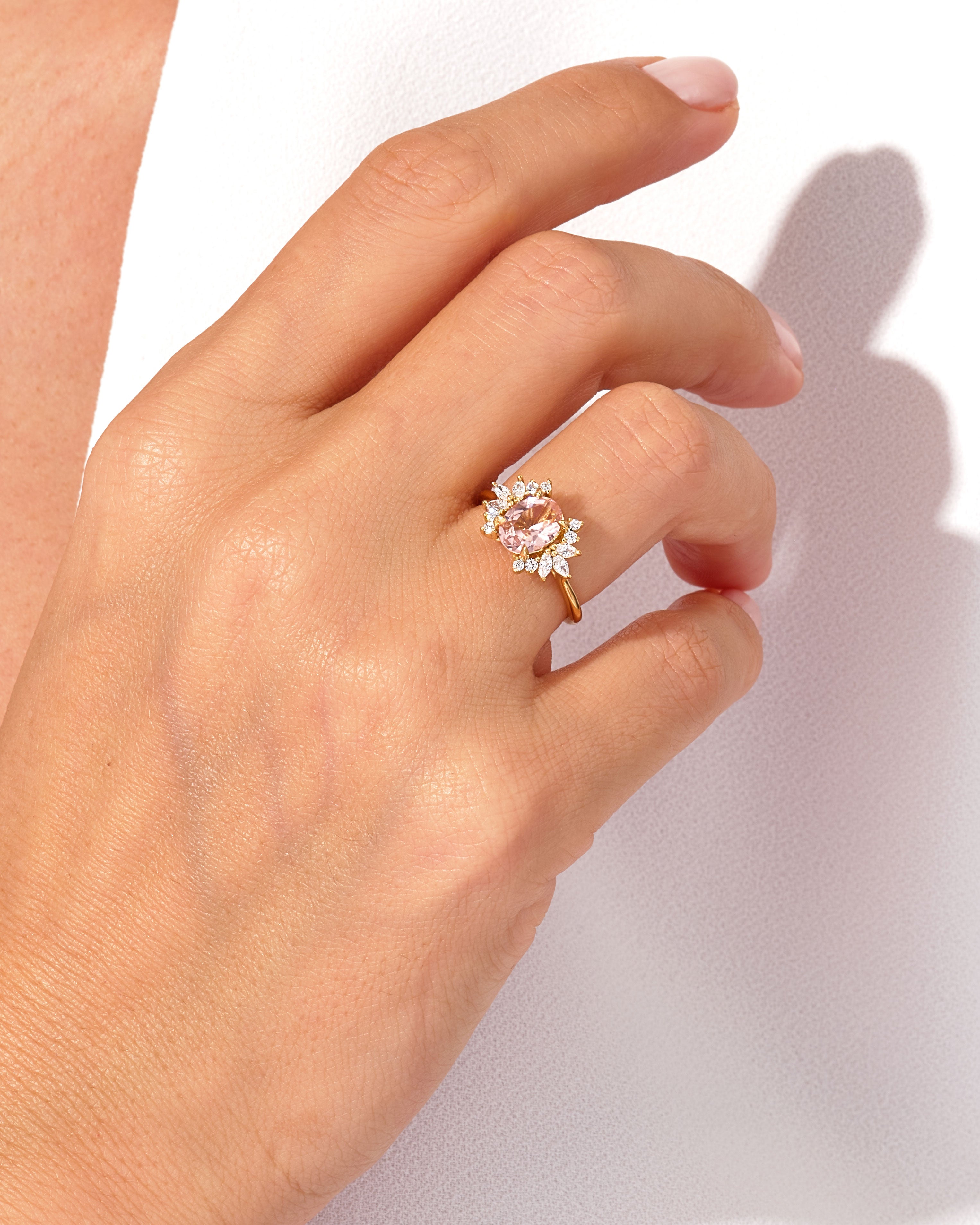 Oval Cut Peach Morganite Engagement Ring with Moissanite Cluster