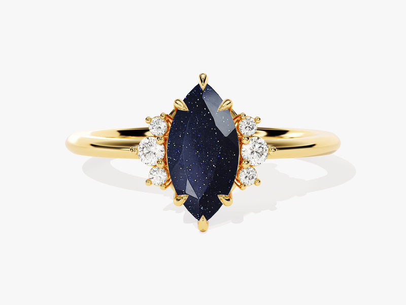 Gold marquise blue sandstone ring with diamond accents