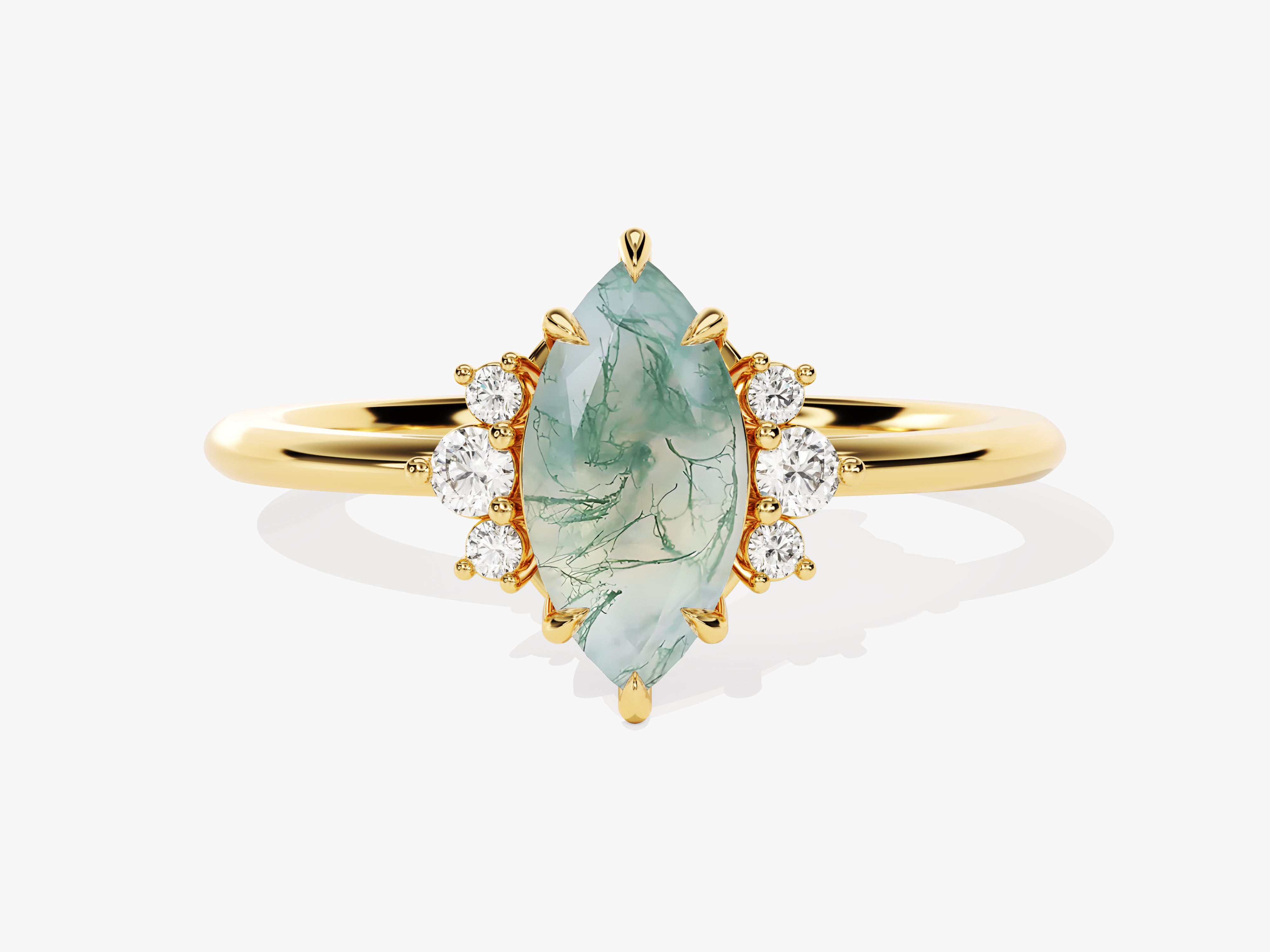 Marquise moss agate ring with diamonds, gold jewelry