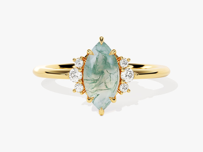 Marquise moss agate ring with diamonds, gold jewelry
