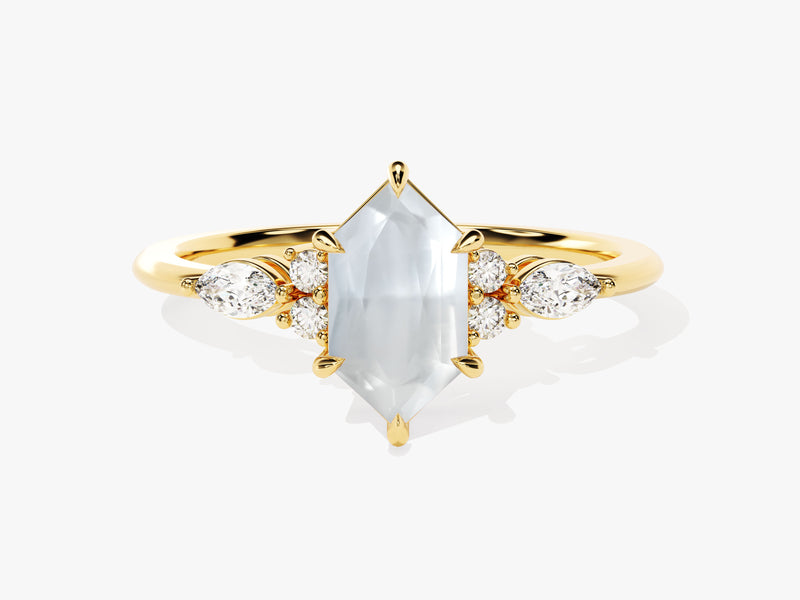 Gold ring with hexagon gemstone and diamonds