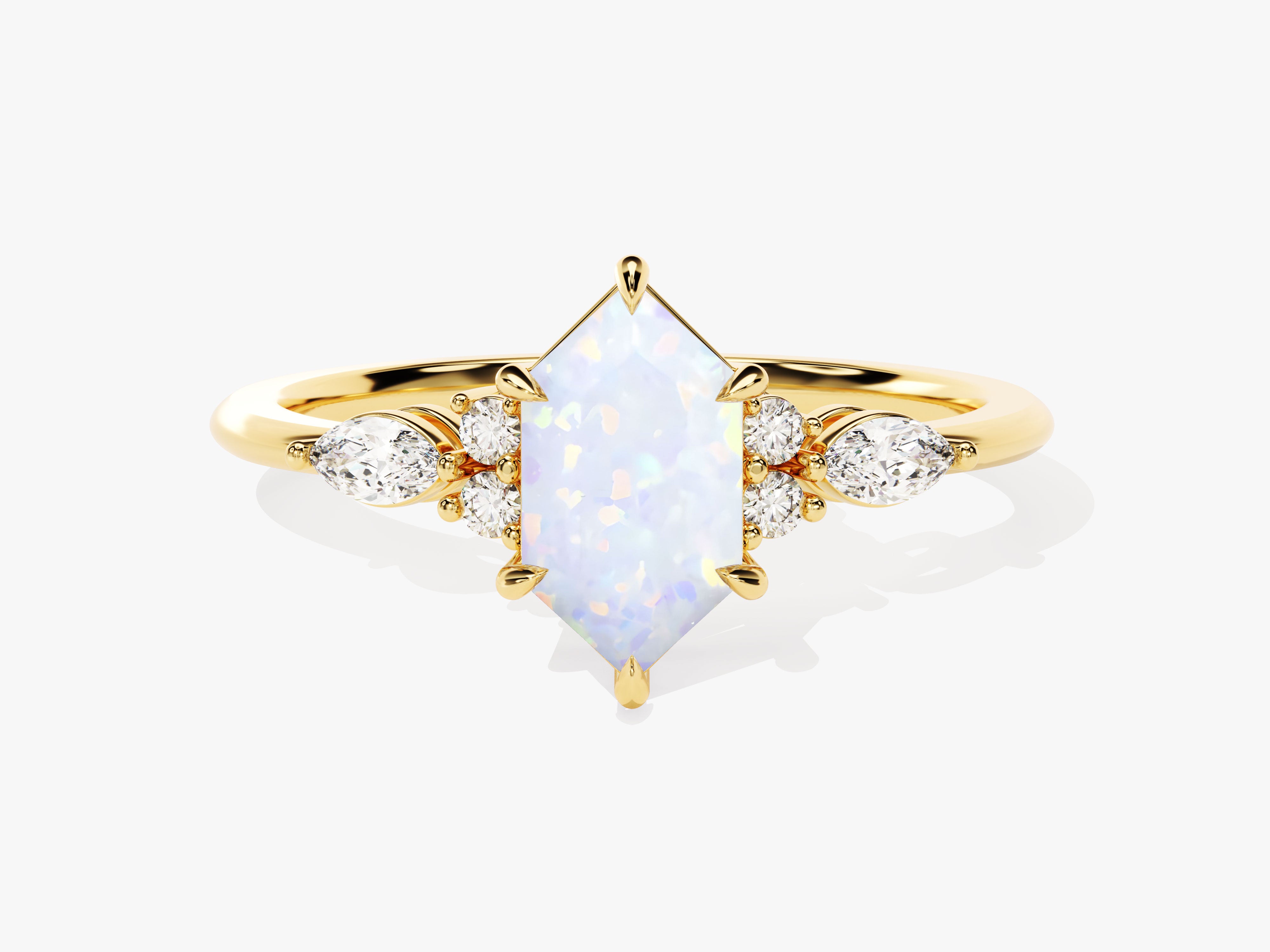 Gold ring with hexagon opal and diamond accents