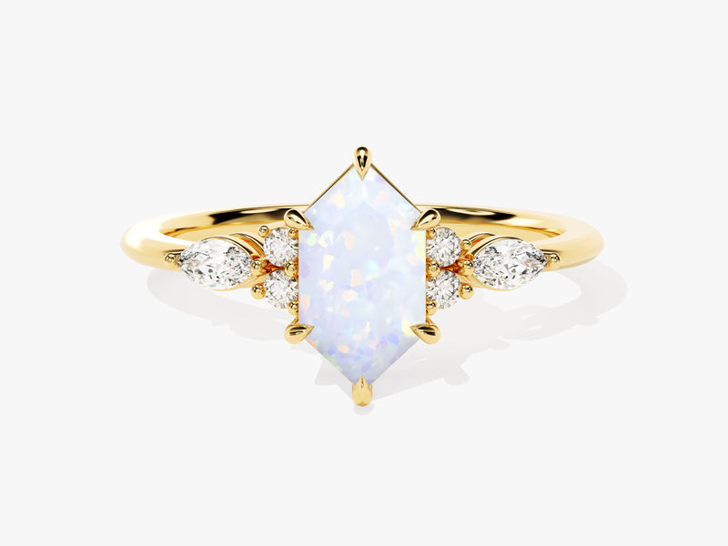Gold ring with hexagon opal and diamond accents