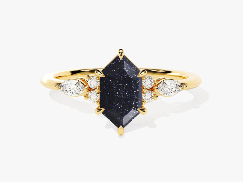 Gold ring with hexagon dark blue stone and diamonds