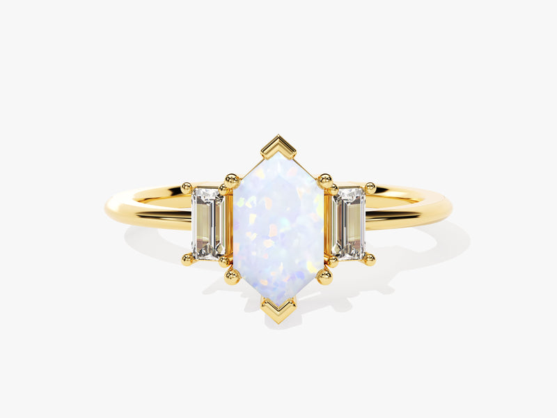 Gold ring with hexagon opal and baguette diamonds