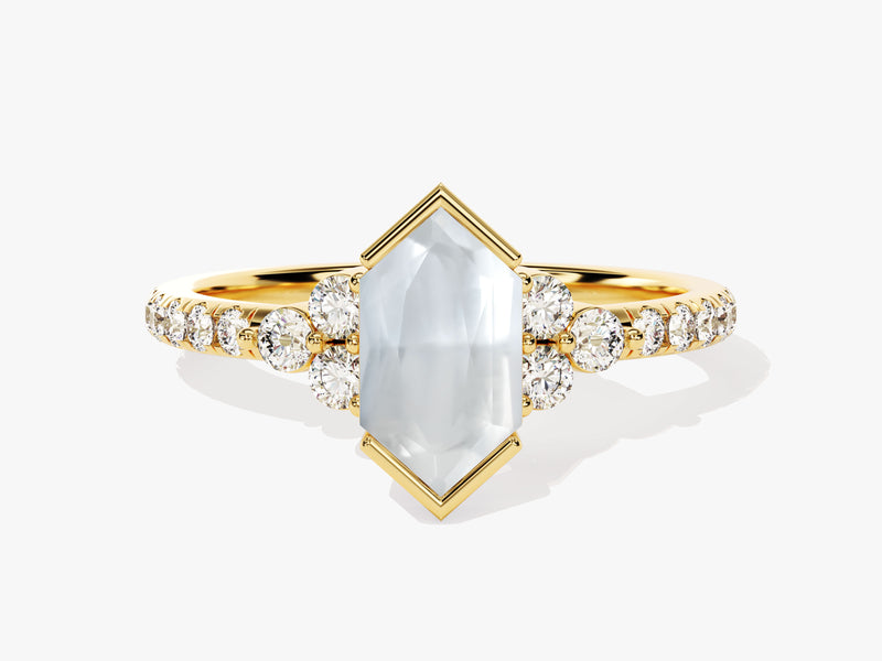 Gold ring with hexagon gemstone and diamond accents