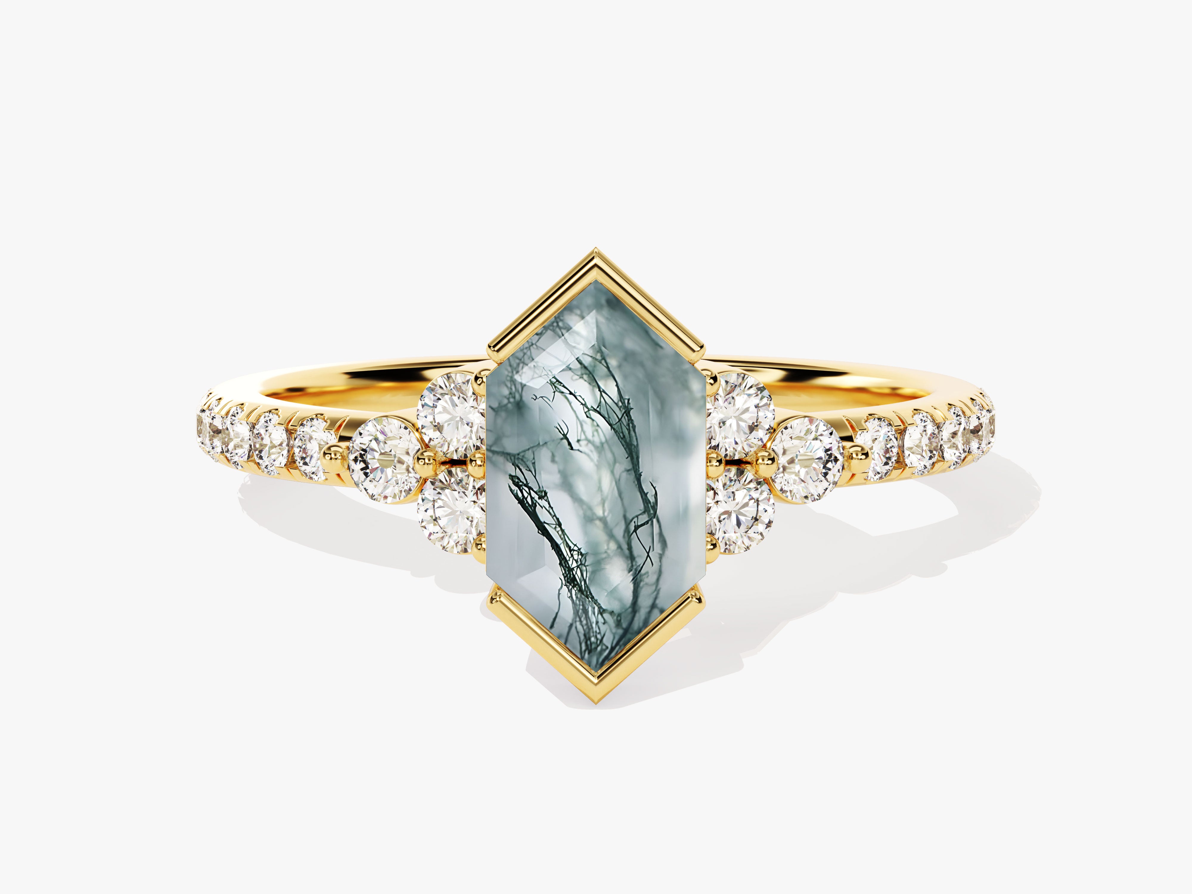 Hexagonal moss agate ring with diamonds on gold band