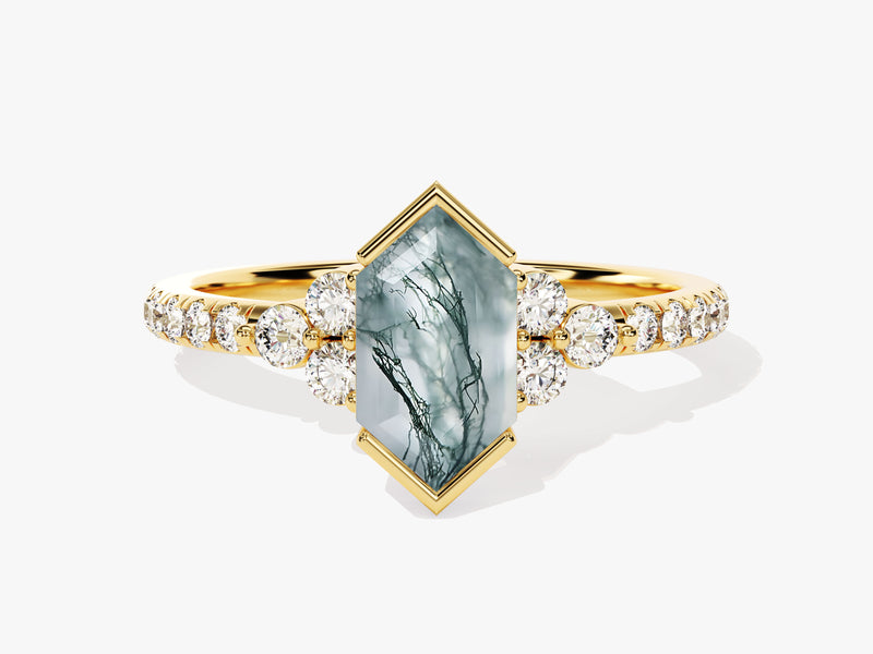 Hexagonal moss agate ring with diamonds on gold band