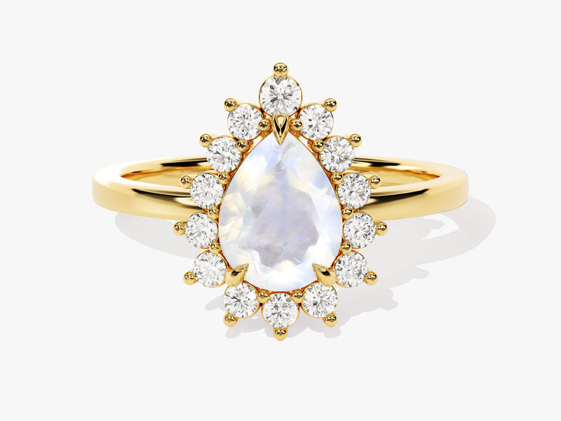 Gold ring with pear-shaped moonstone and diamond halo