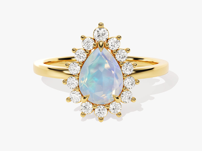 Gold pear-shaped opal and diamond halo ring