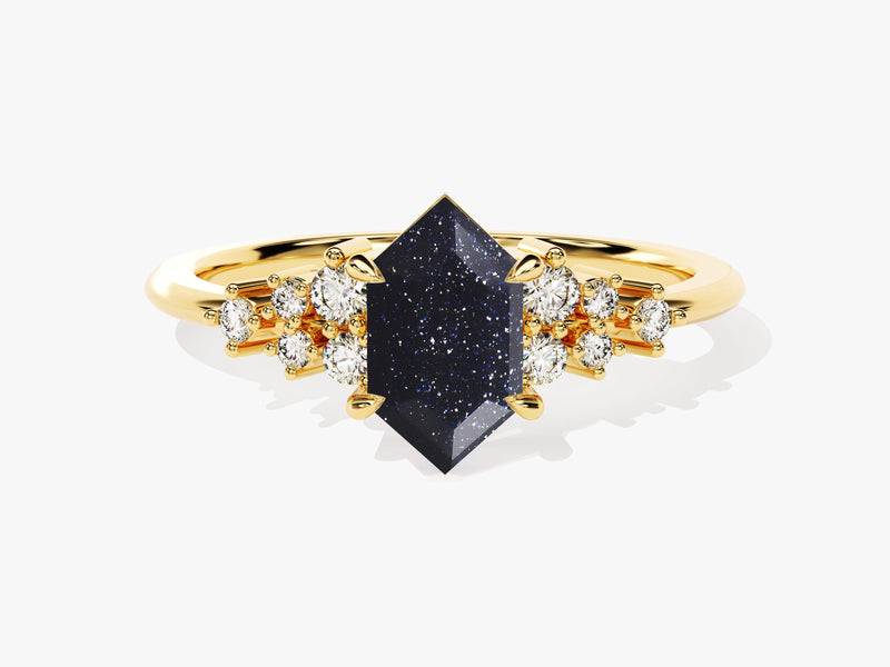 Gold ring with hexagon blue sandstone and diamonds