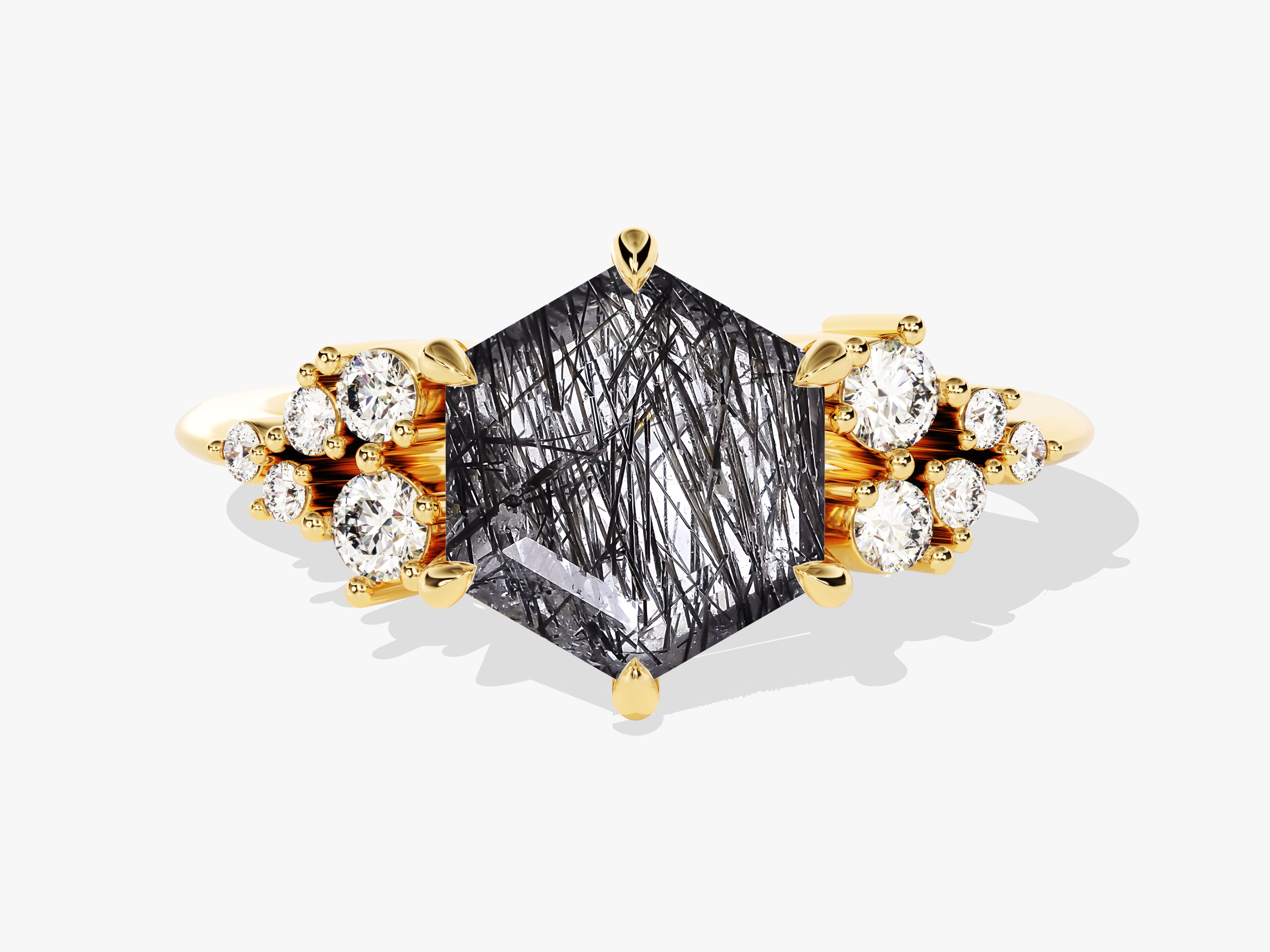 Gold ring with hexagonal rutilated quartz and diamonds