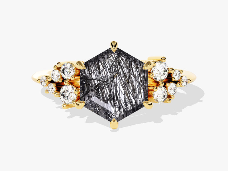 Gold ring with hexagonal rutilated quartz and diamonds
