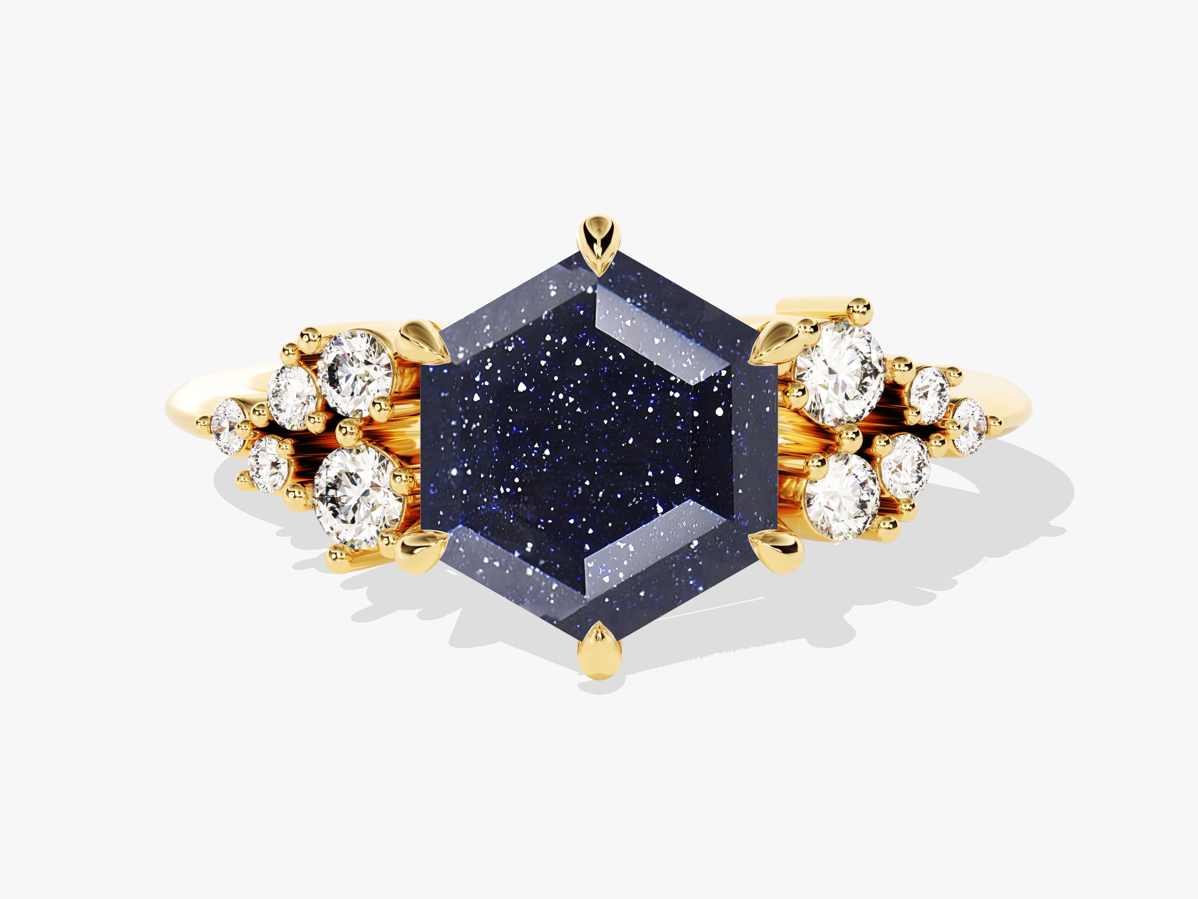 Hexagonal blue sandstone ring with diamonds, gold jewelry