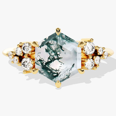 Hexagon Moss Agate Engagement Ring with Moissanite Cluster