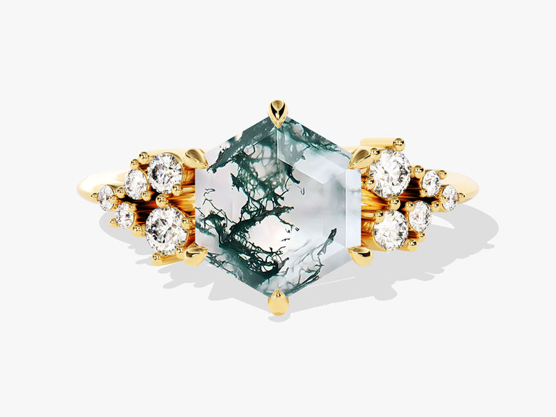 Hexagonal moss agate ring with diamonds, gold band