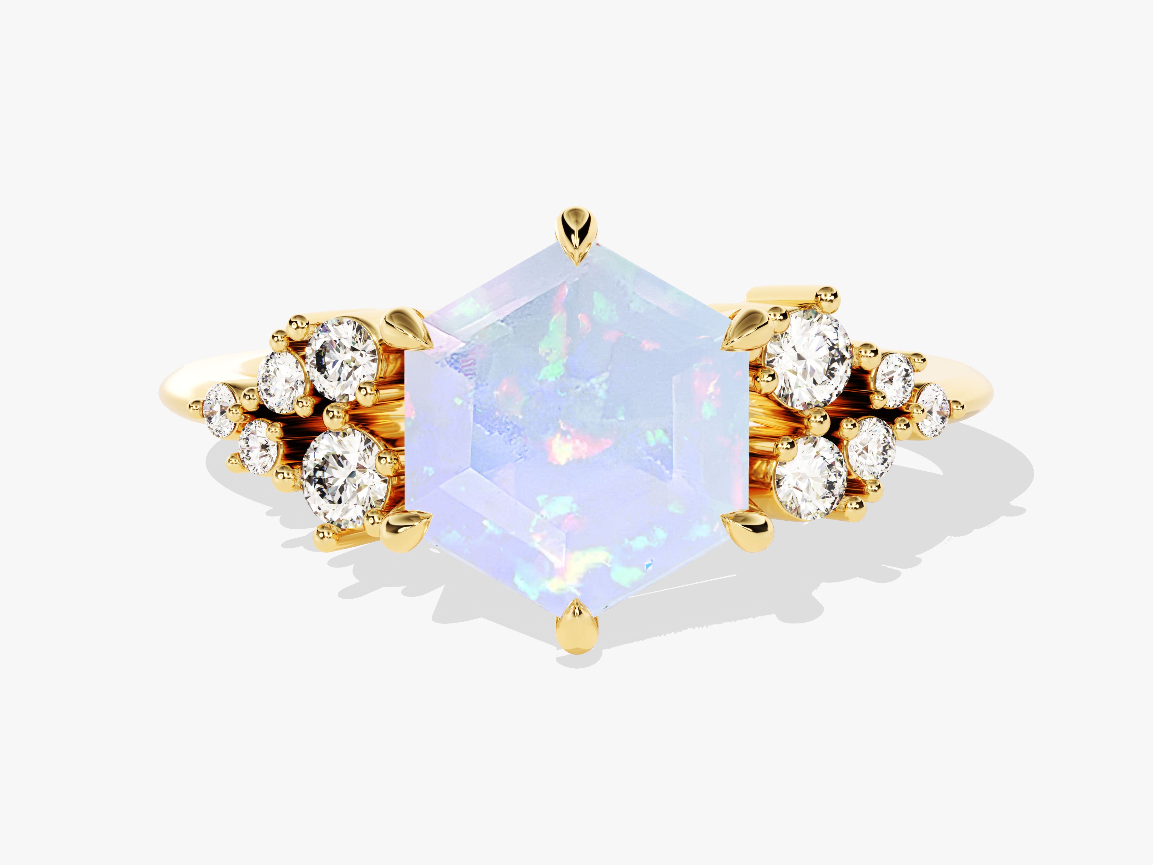 Hexagonal opal and diamond engagement ring in gold