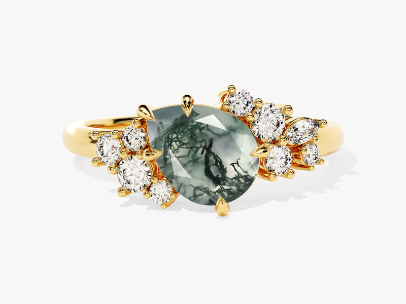 Gold ring with moss agate and diamonds, jewelry design
