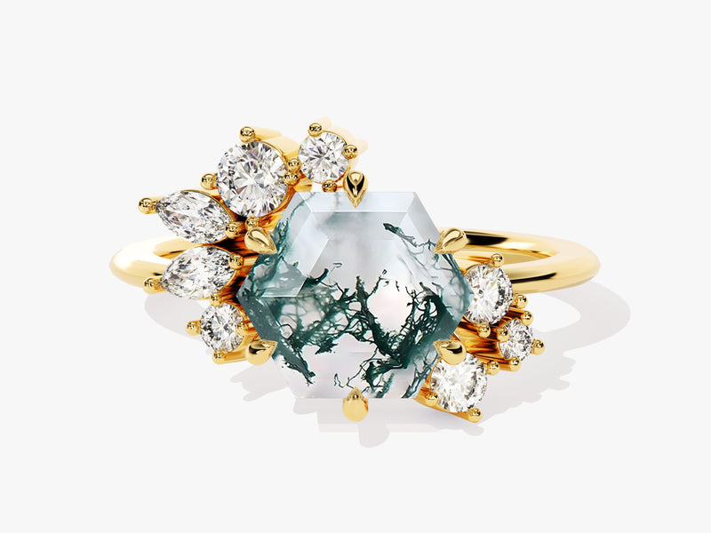 Hexagonal moss agate ring with diamonds, gold jewelry