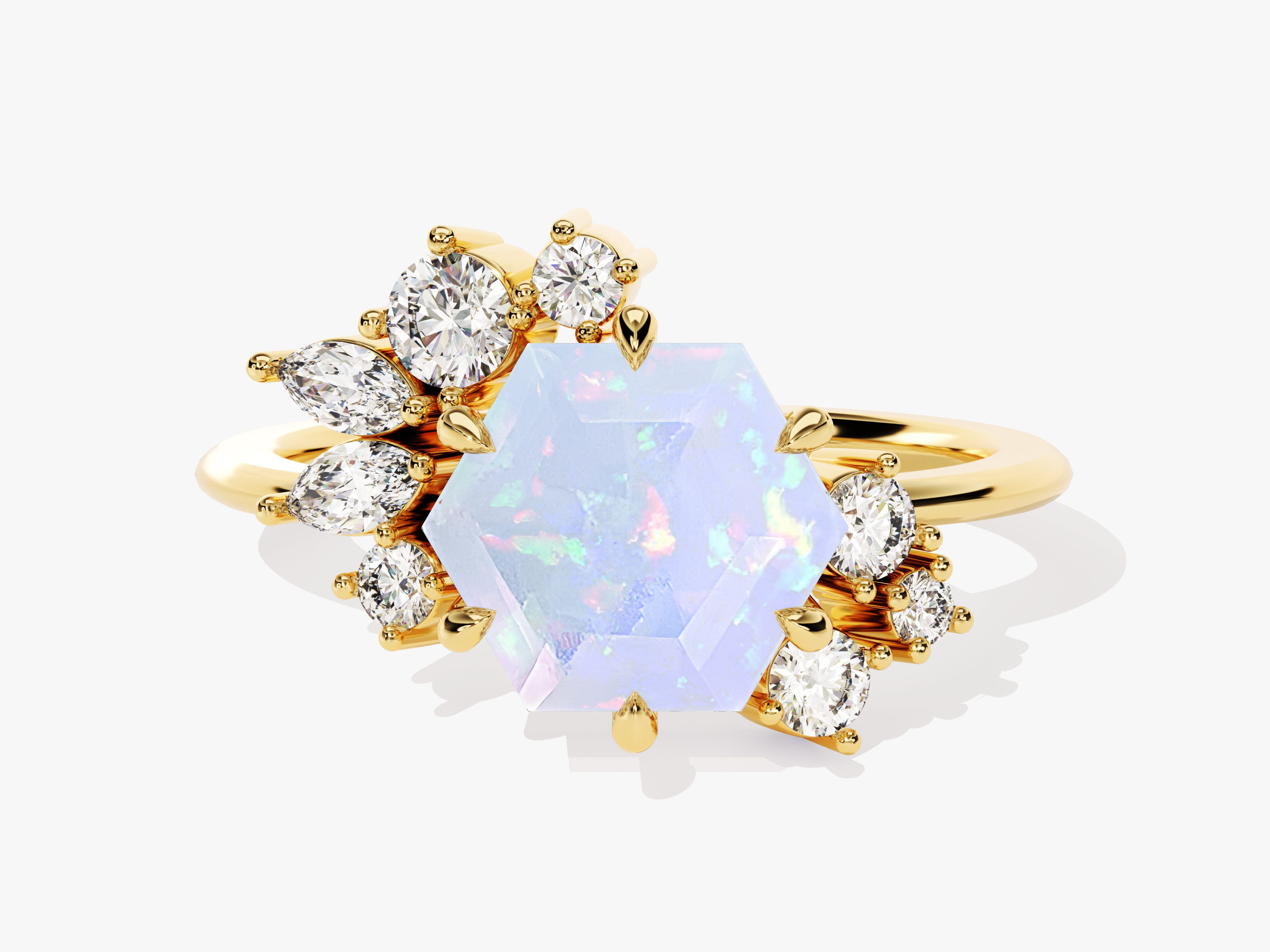 Gold ring with hexagonal opal and diamond accents