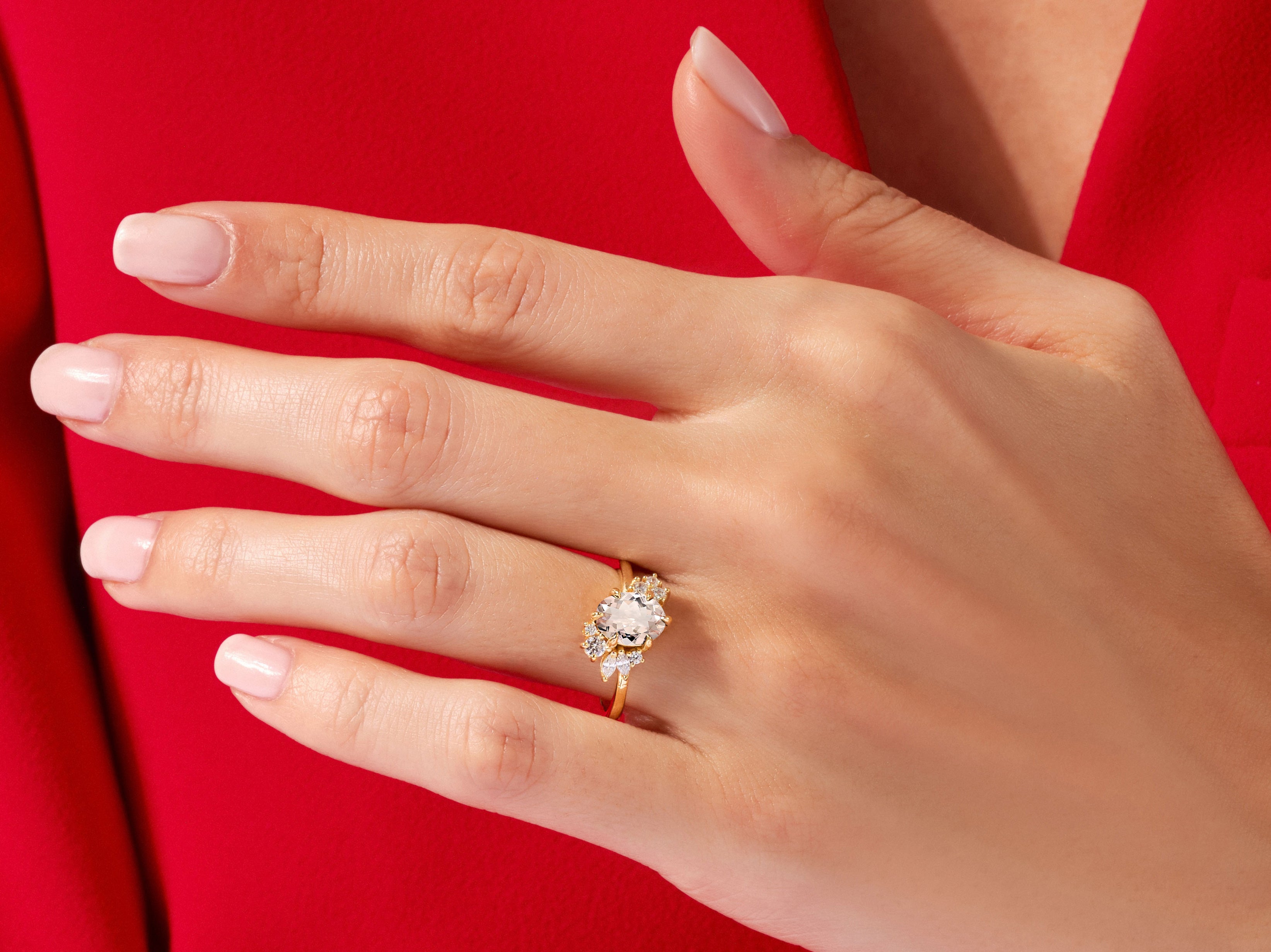 Diamond engagement ring on a woman's hand, jewelry product