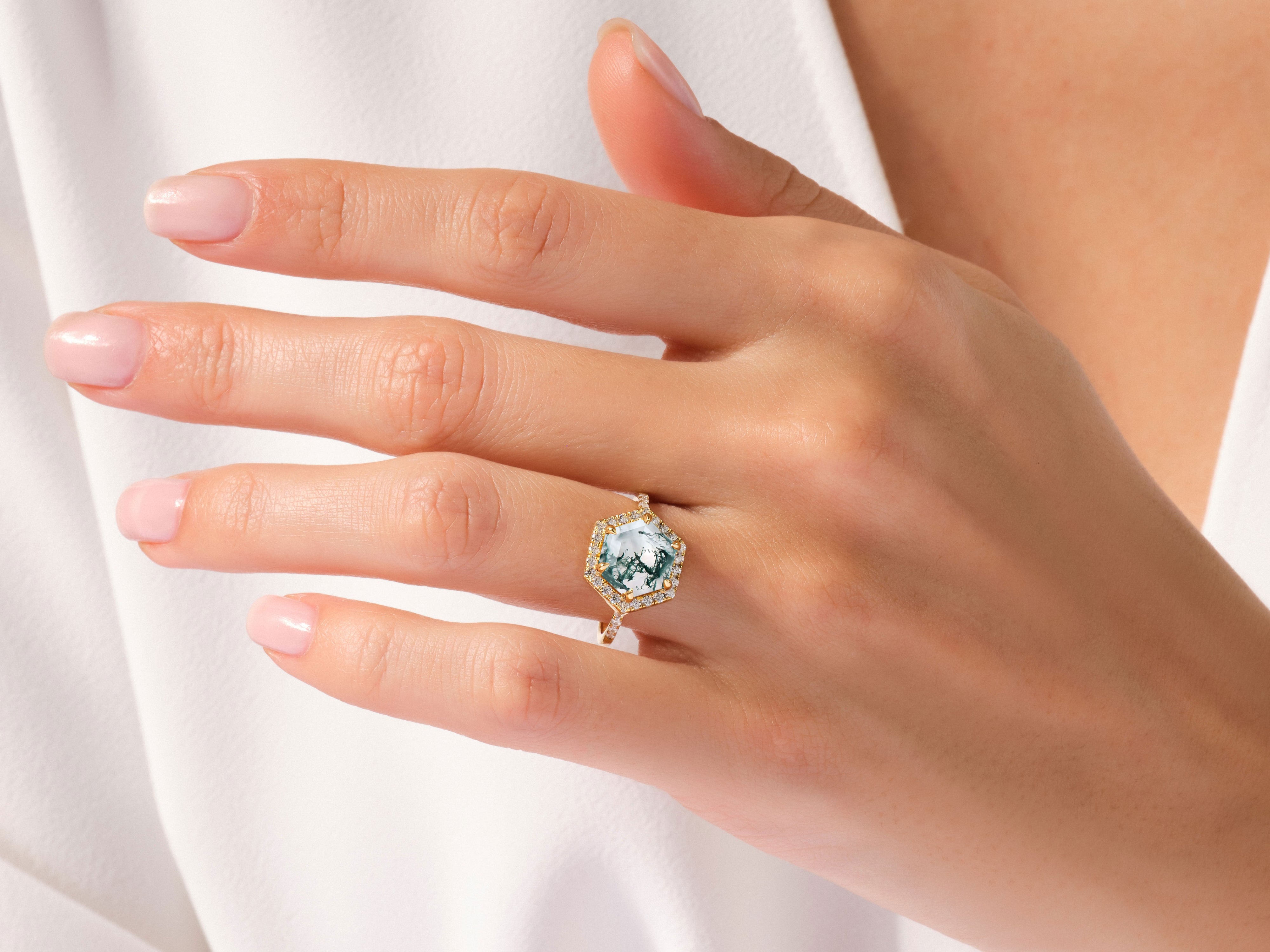 Hexagonal moss agate ring with diamond halo, fine jewelry