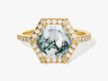 Halo Hexagon Moss Agate Engagement Ring with Pave Set Moissanite Sidestones