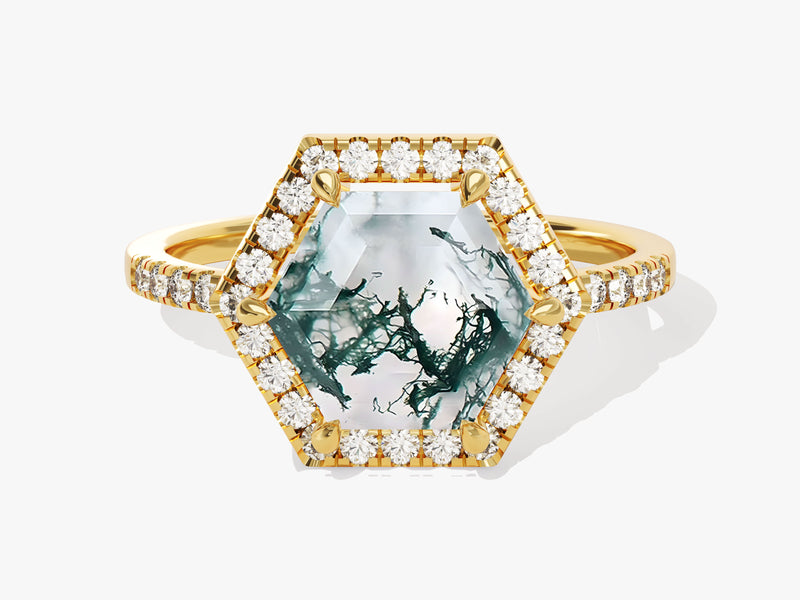 Hexagonal moss agate ring with diamonds, gold band, jewelry