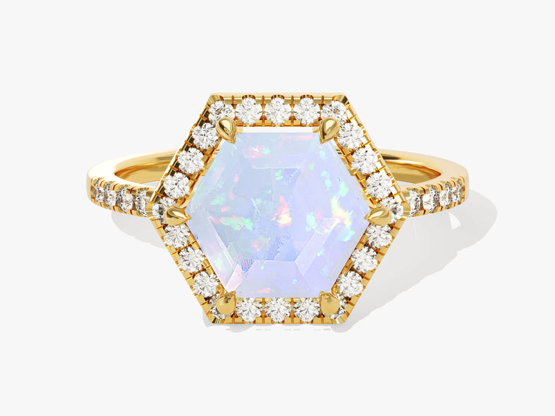 Hexagonal opal and diamond halo ring in yellow gold