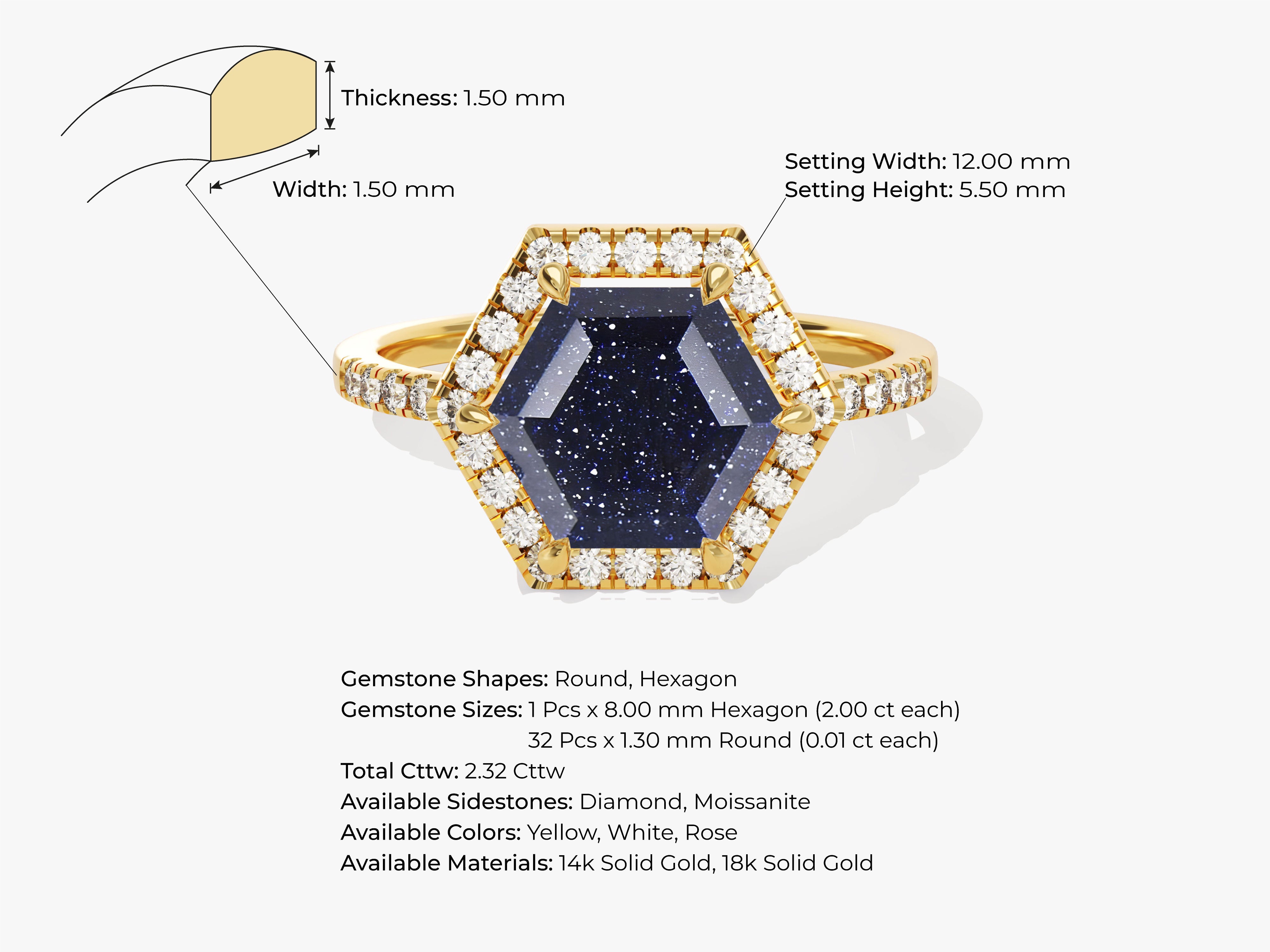Gold ring with hexagon blue sandstone and diamond accents
