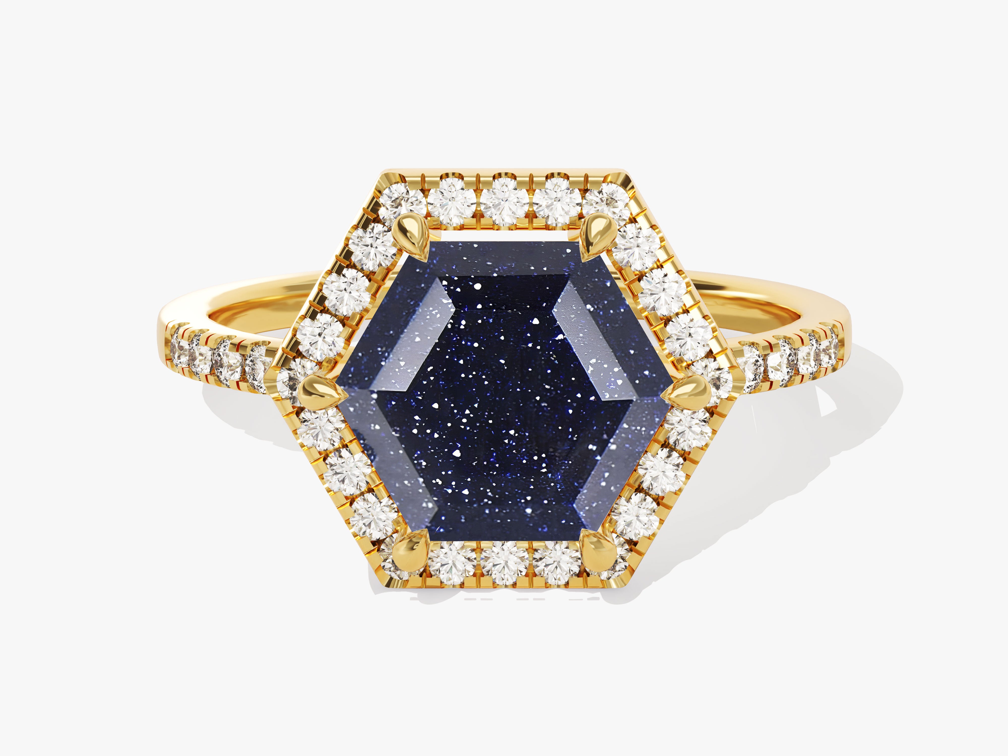 Gold ring with hexagon blue stone and diamonds