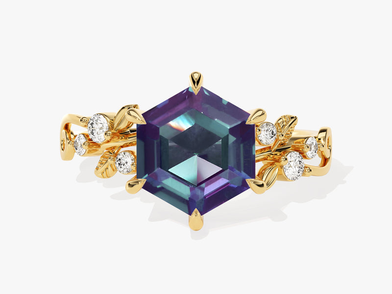Gold ring with hexagon alexandrite and diamonds, jewelry design