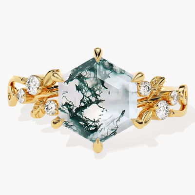 Hexagon Moss Agate Nature-Inspired Engagement Ring with Moissanite Sidestones