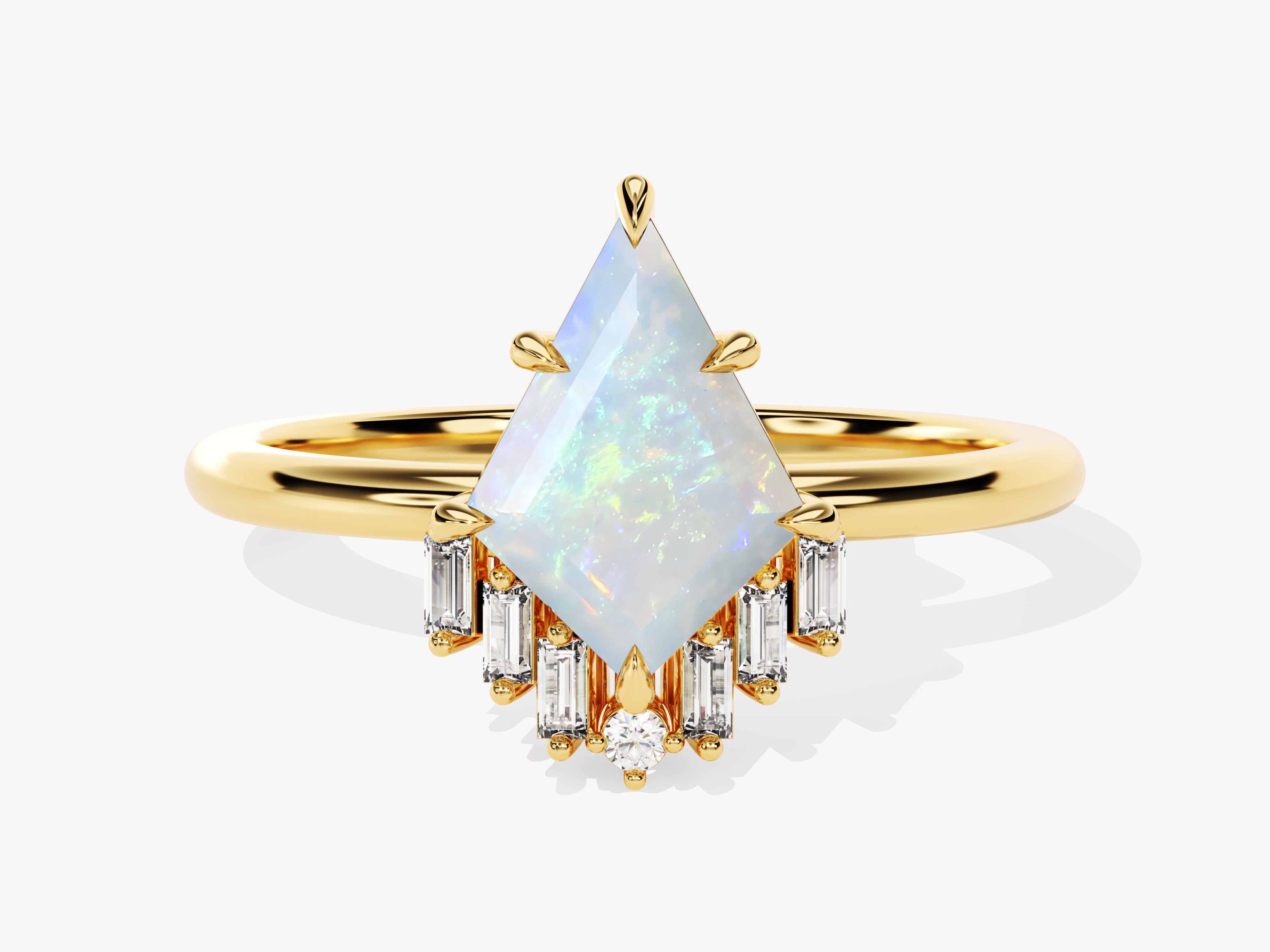 Gold ring with kite-cut opal and baguette diamonds