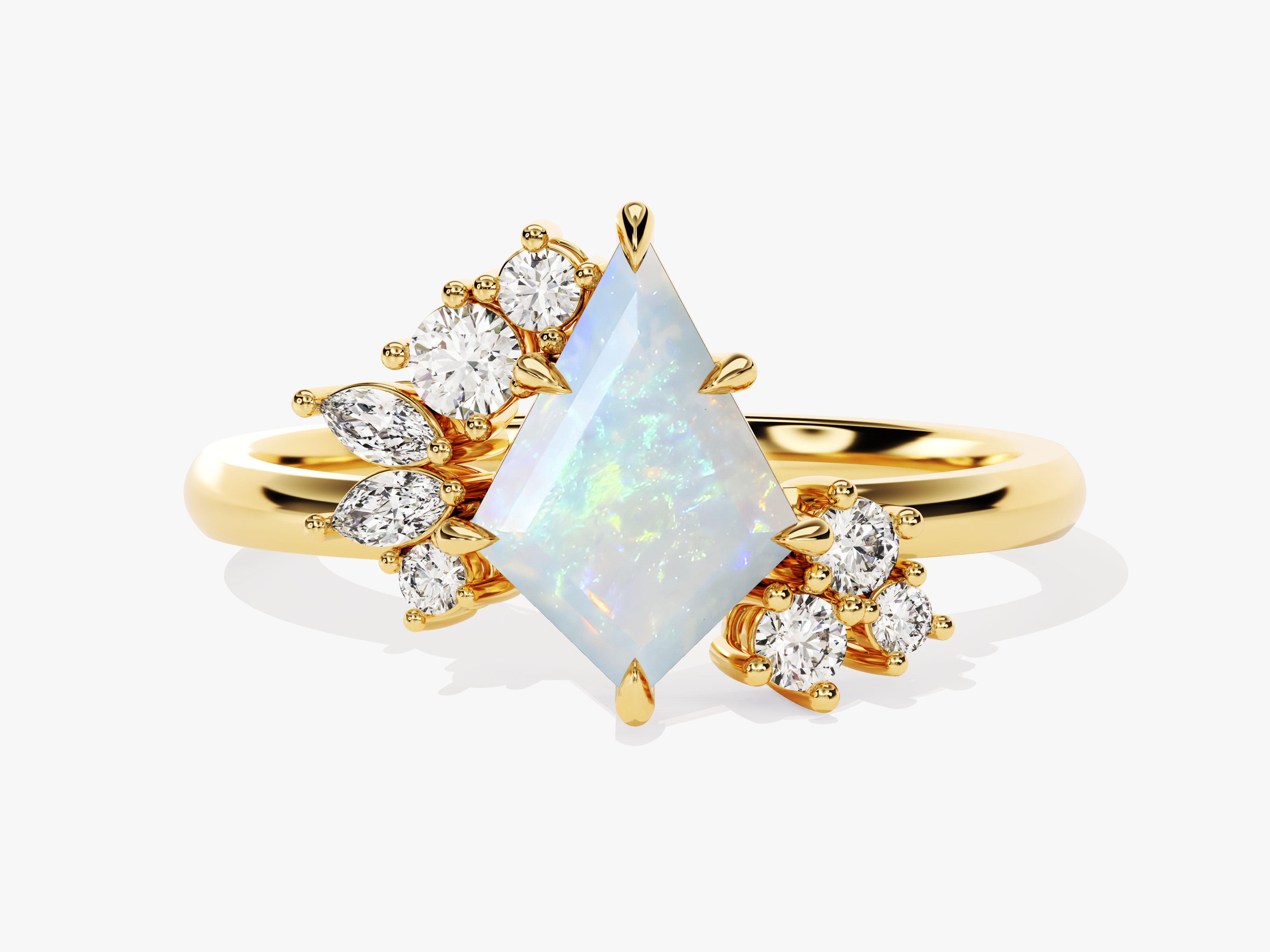 Gold ring with kite-cut opal and diamond accents