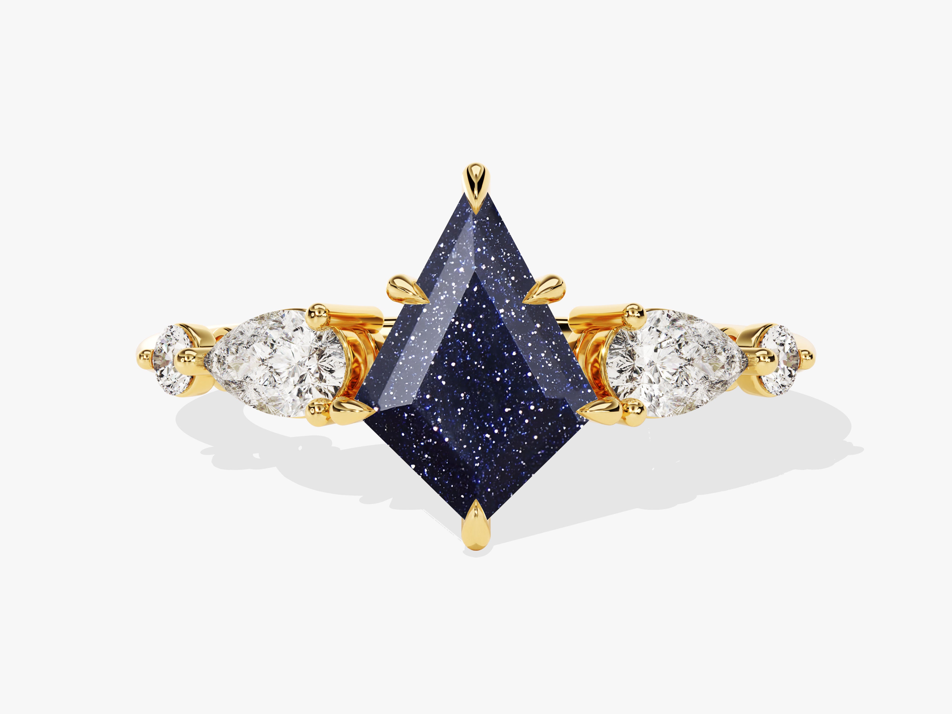 Gold ring with kite-cut blue sandstone and diamonds