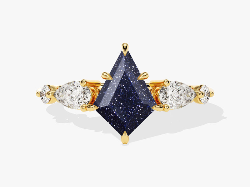 Gold ring with kite-cut blue sandstone and diamonds