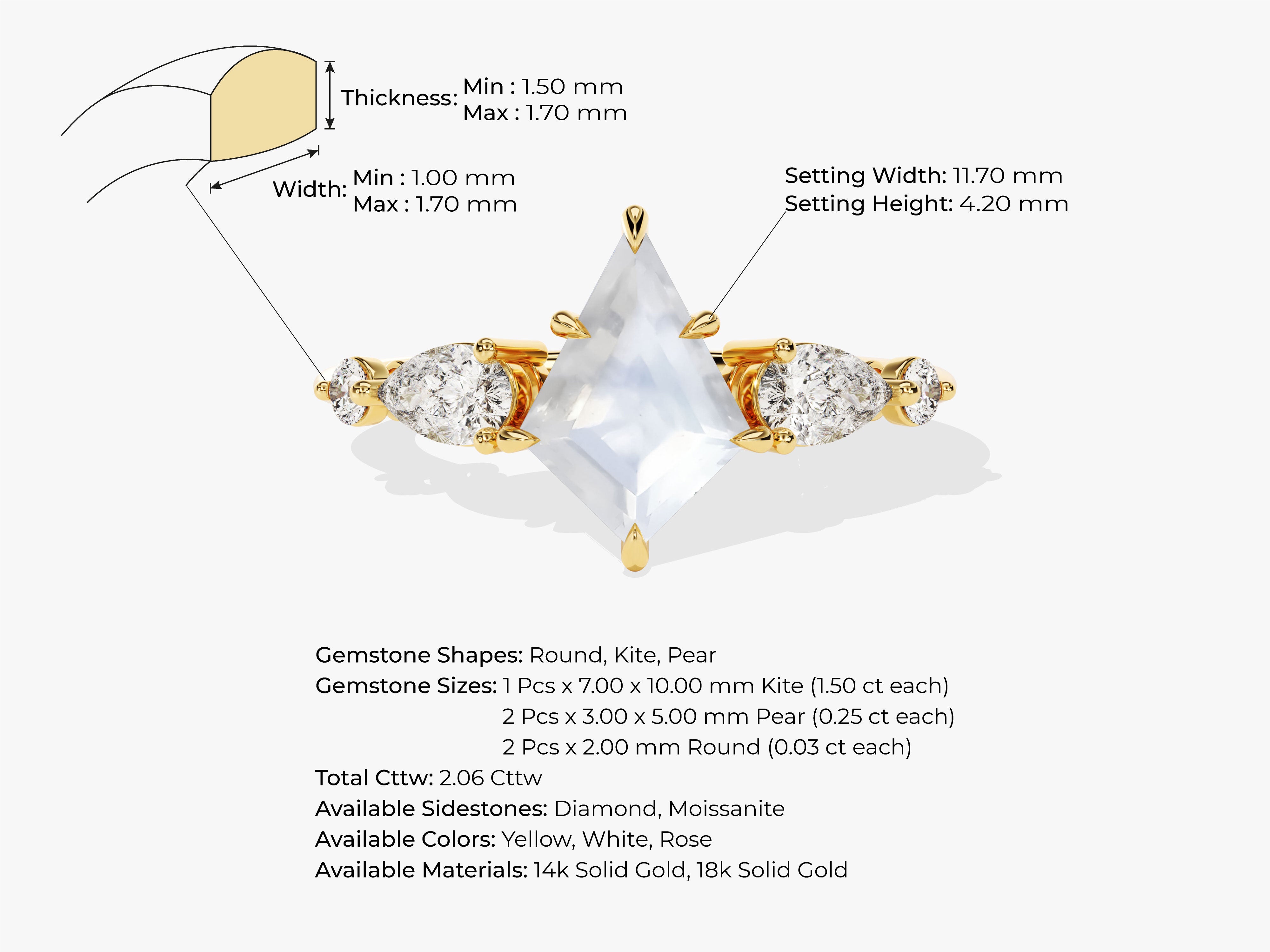 Kite and pear diamond ring, 14k solid gold jewelry
