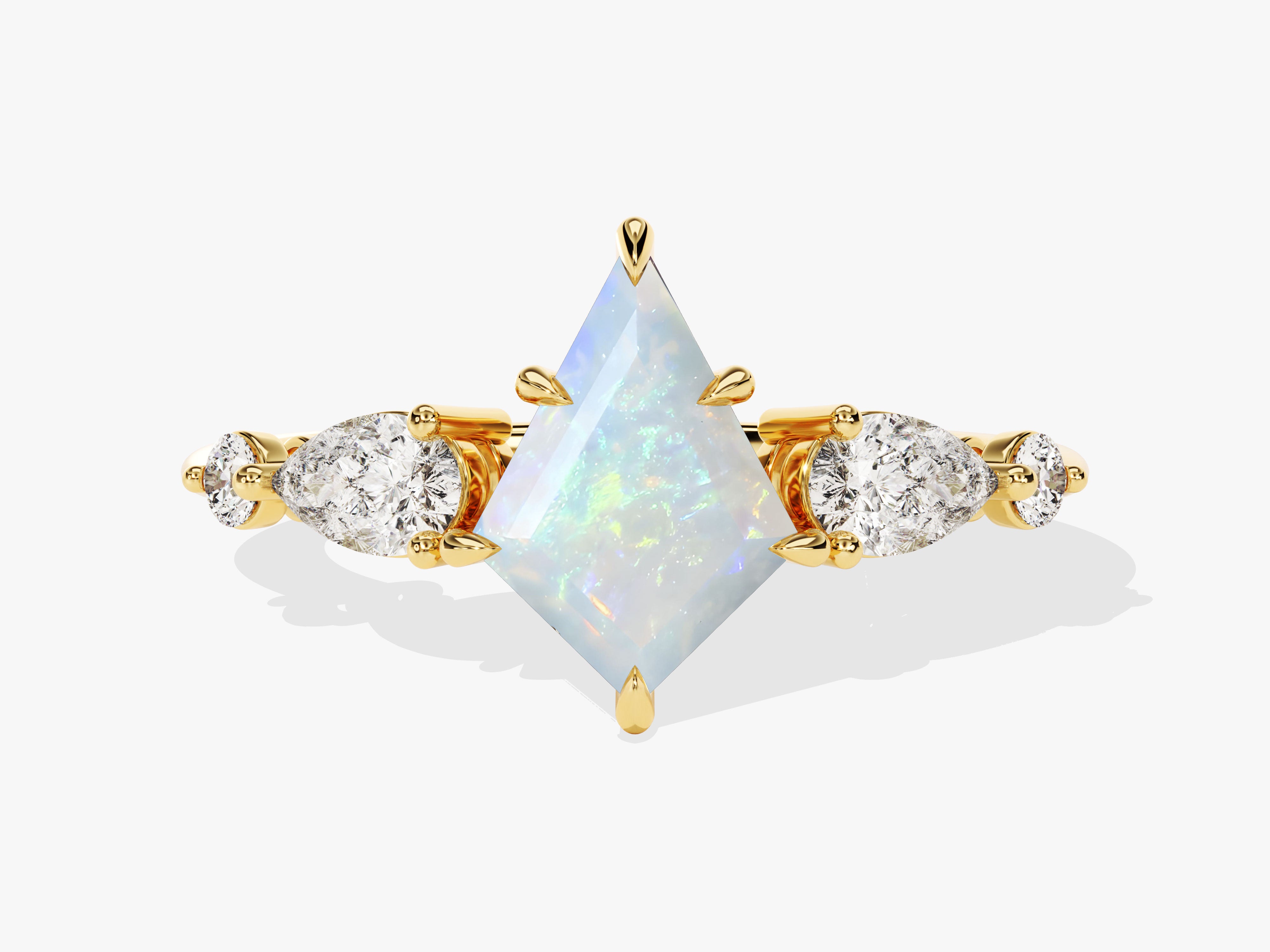 Gold ring with kite-cut opal and diamond accents
