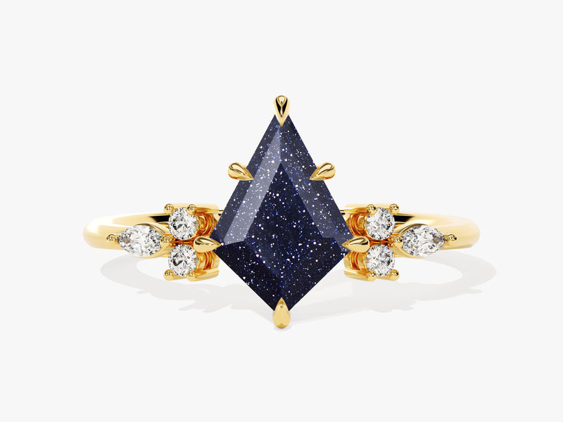 Gold ring with kite-cut blue sandstone and diamonds
