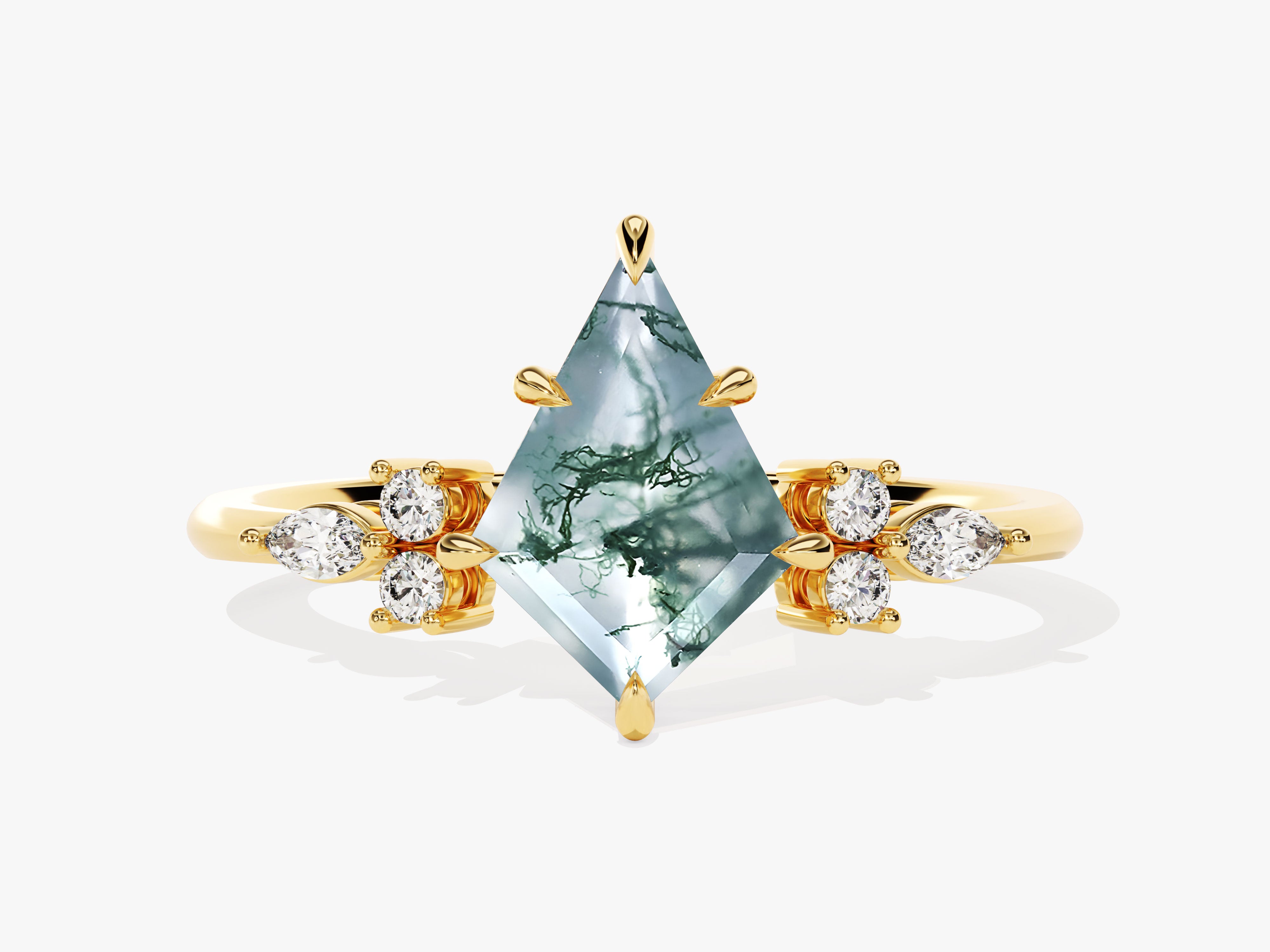 Gold ring with kite-cut moss agate and diamonds