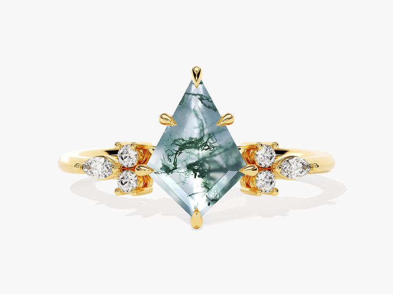 Gold ring with kite-cut moss agate and diamonds
