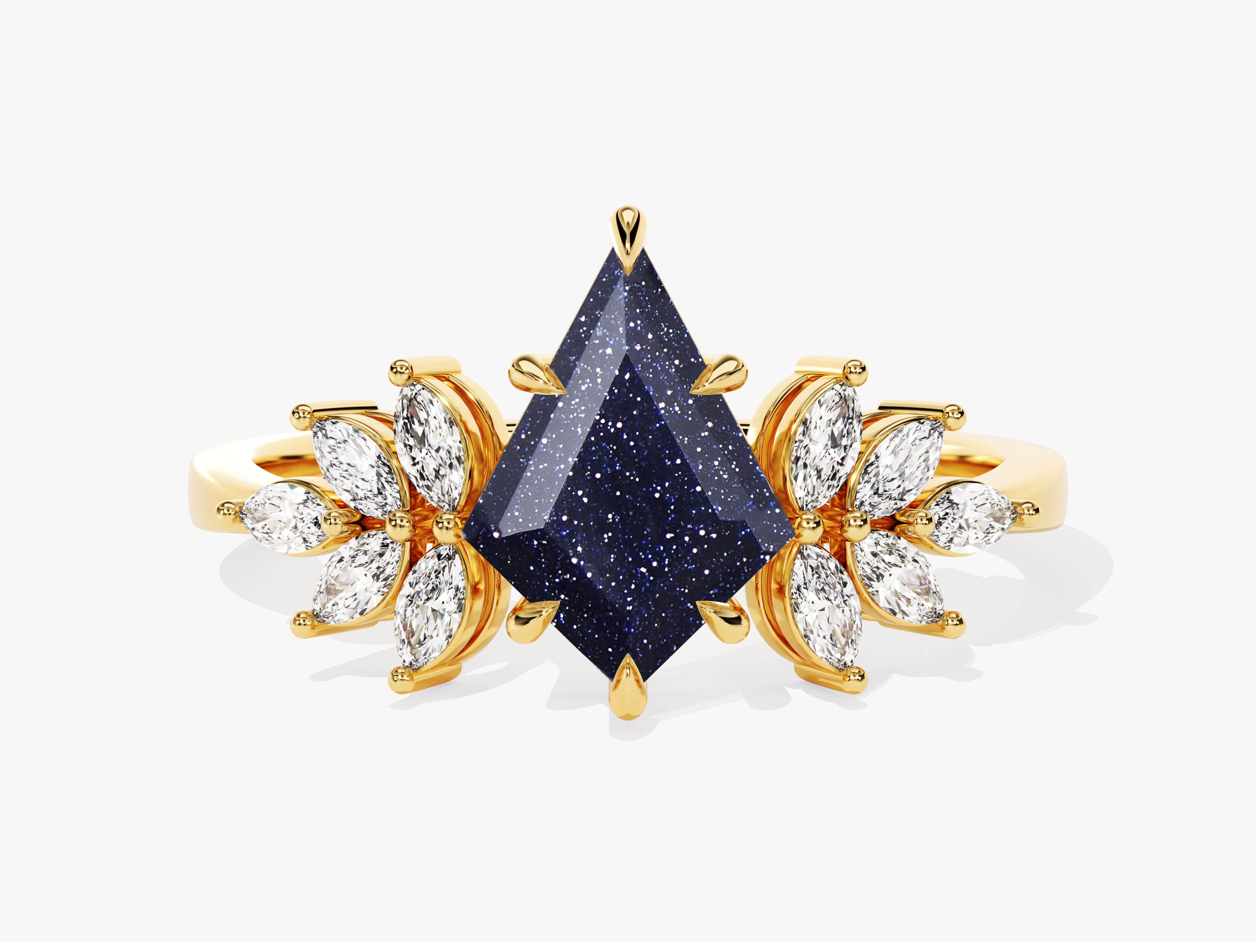 Gold ring with marquise diamonds and a blue sandstone gemstone