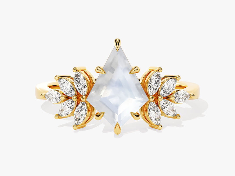 Gold ring with kite-cut gemstone and diamond accents