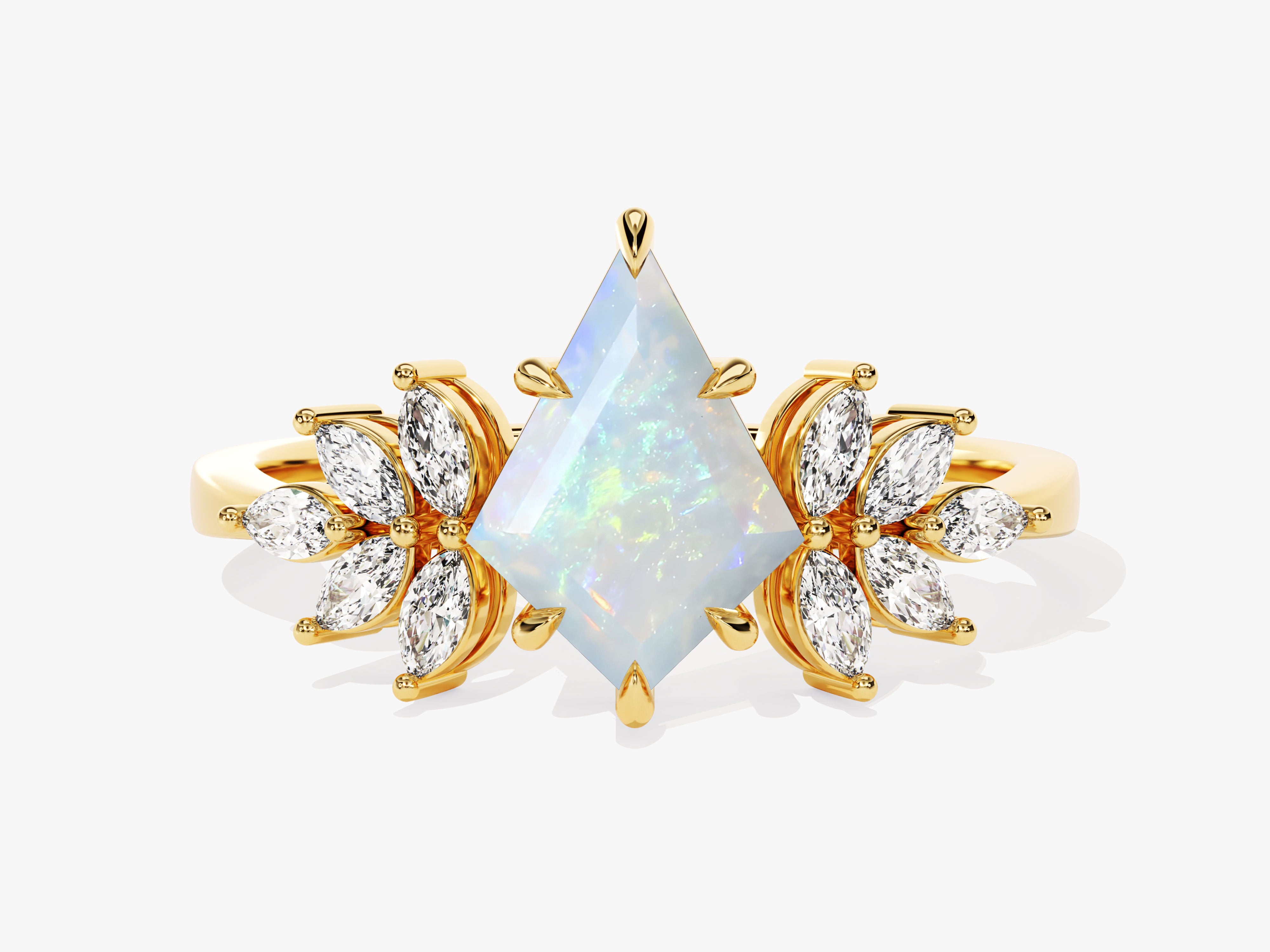Gold ring with kite-cut opal and diamond accents