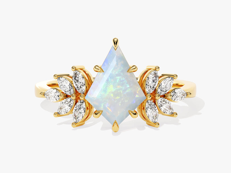 Gold ring with kite-cut opal and diamond accents
