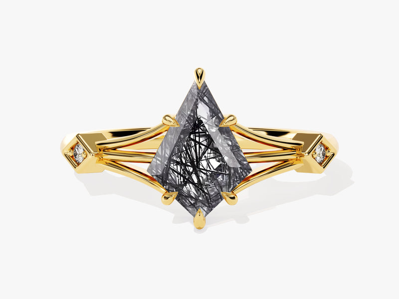 Gold ring with kite-cut rutilated quartz and diamond accents