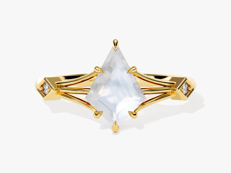 Gold ring with kite-cut moonstone and diamond accents