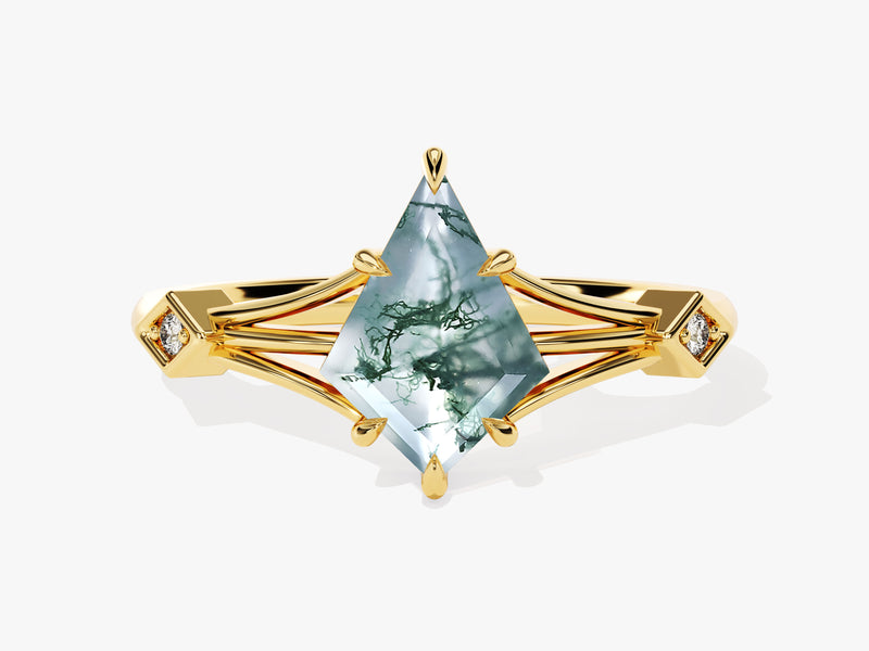 Gold ring with kite-cut moss agate and diamonds