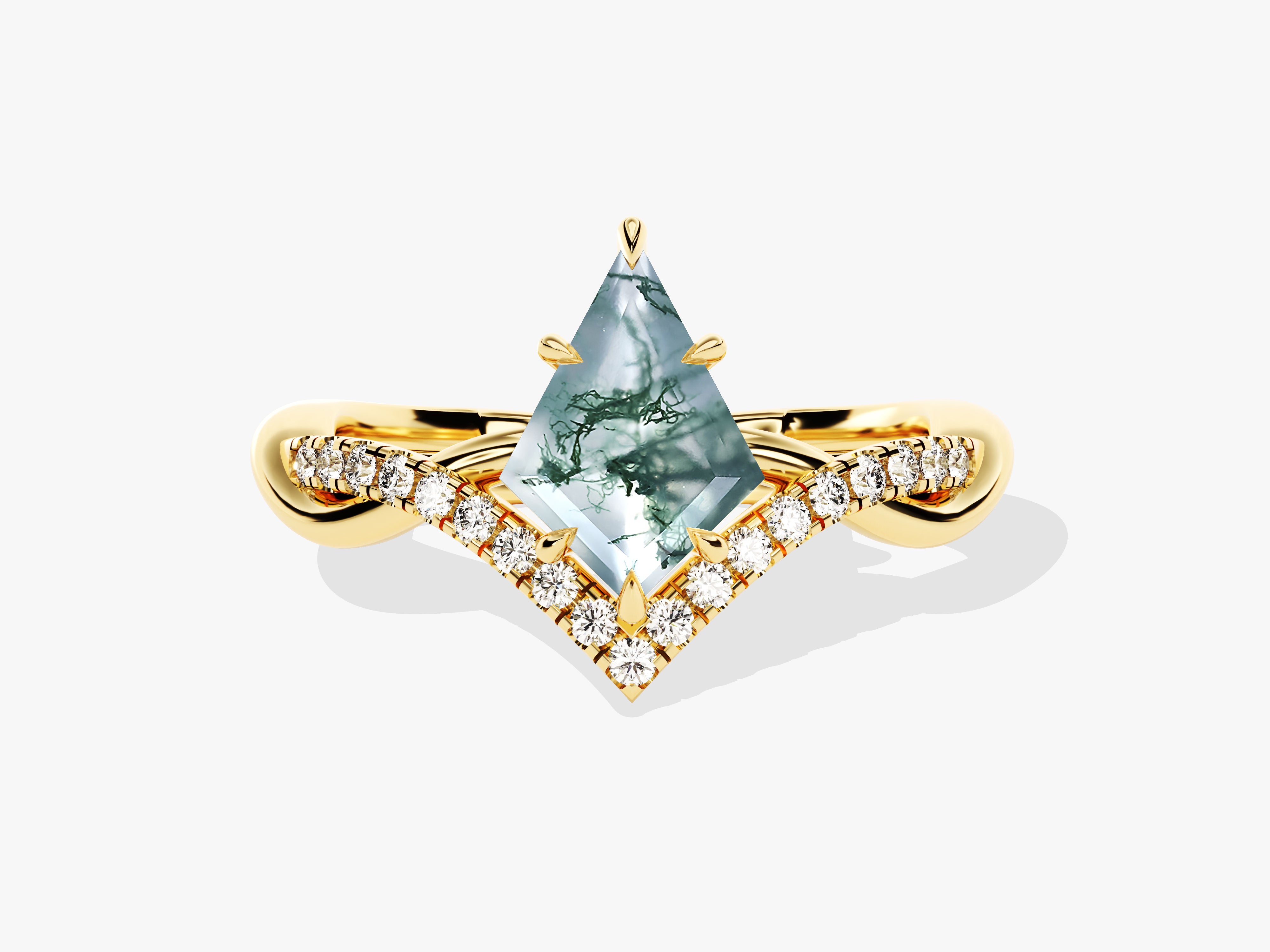 Gold ring with kite-cut moss agate and diamond accents